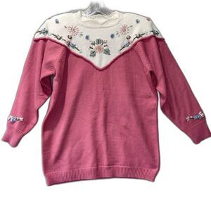 Vintage Dana Scott Pink Embroidered Floral Sweater Size S